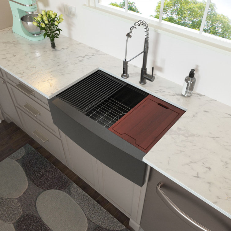 Black Farmhouse Sink - Lordear 30 Inch Kitchen Sink Apron Front Single Bowl Workstation 16-Gauge Gunmetal Black Stainless Steel Single Bowl Kitchen ...