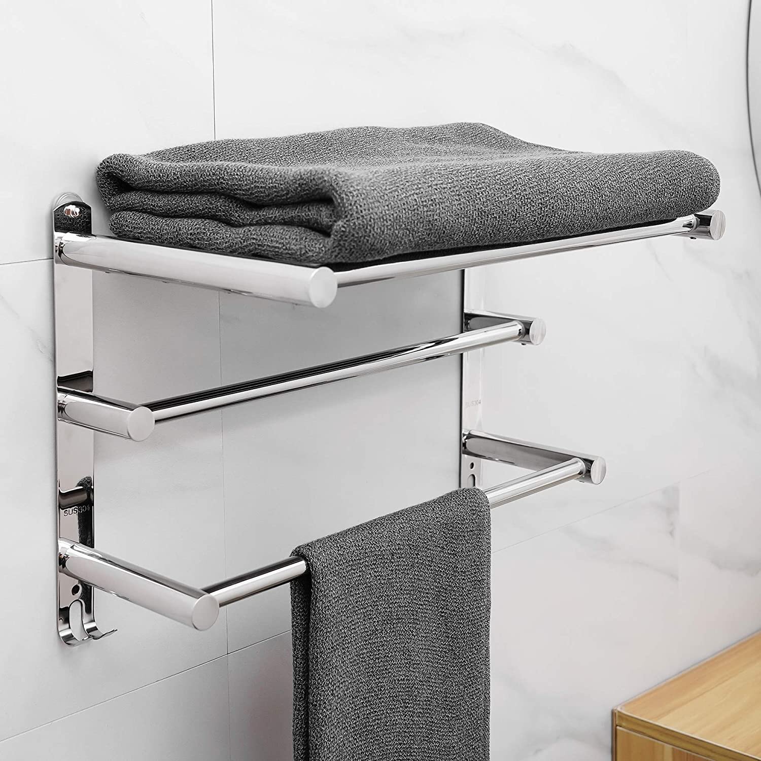 Bathroom Lavatory 3M Self Adhesive Towel Bar W/Hook Chrome 304 Stainless Steel 