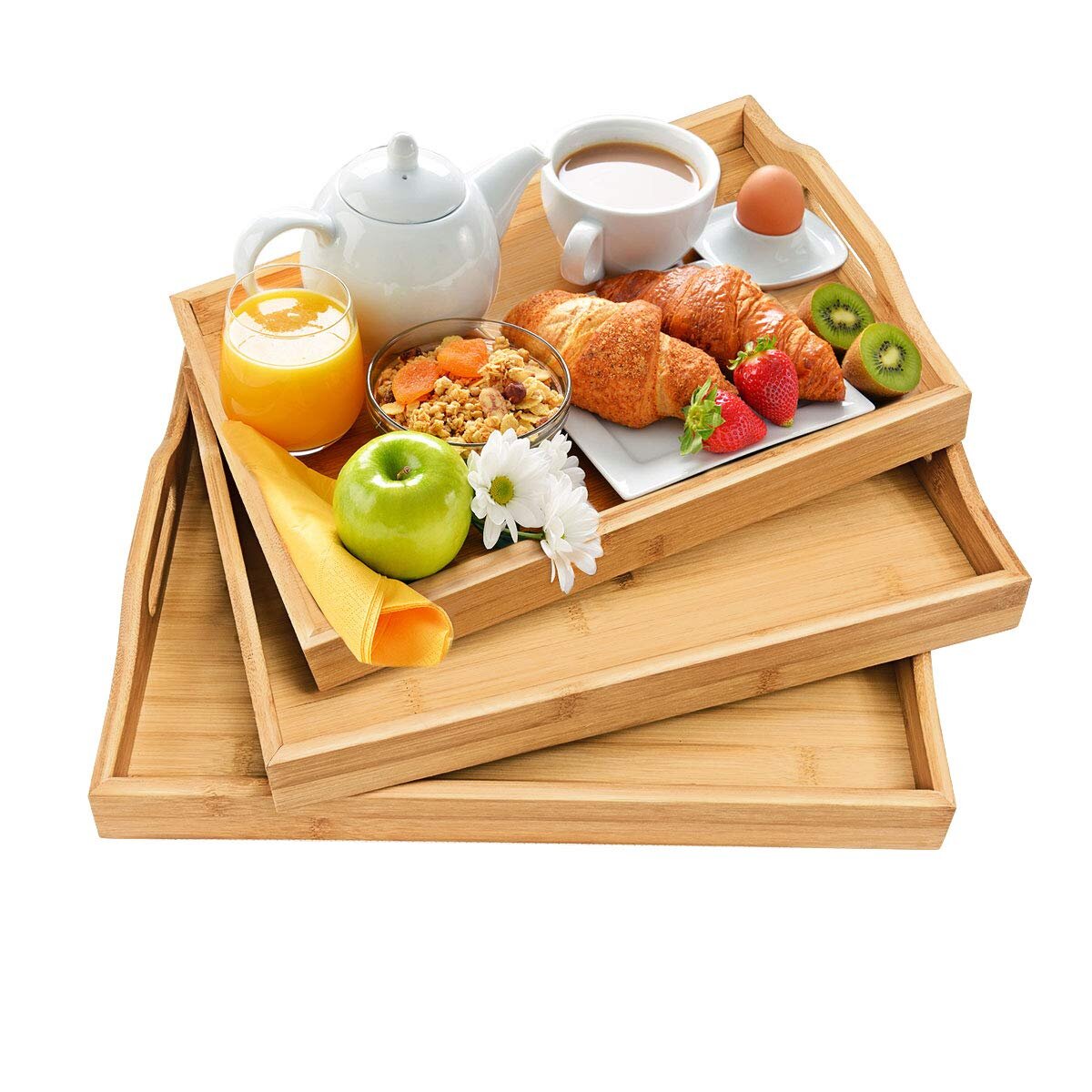 M&W Wooden Serving Platters Perfect for Breakfast in Bed & Tea Set of 3 Bamboo Trays Raised Edges & Lightweight Serving Tray With Handles 