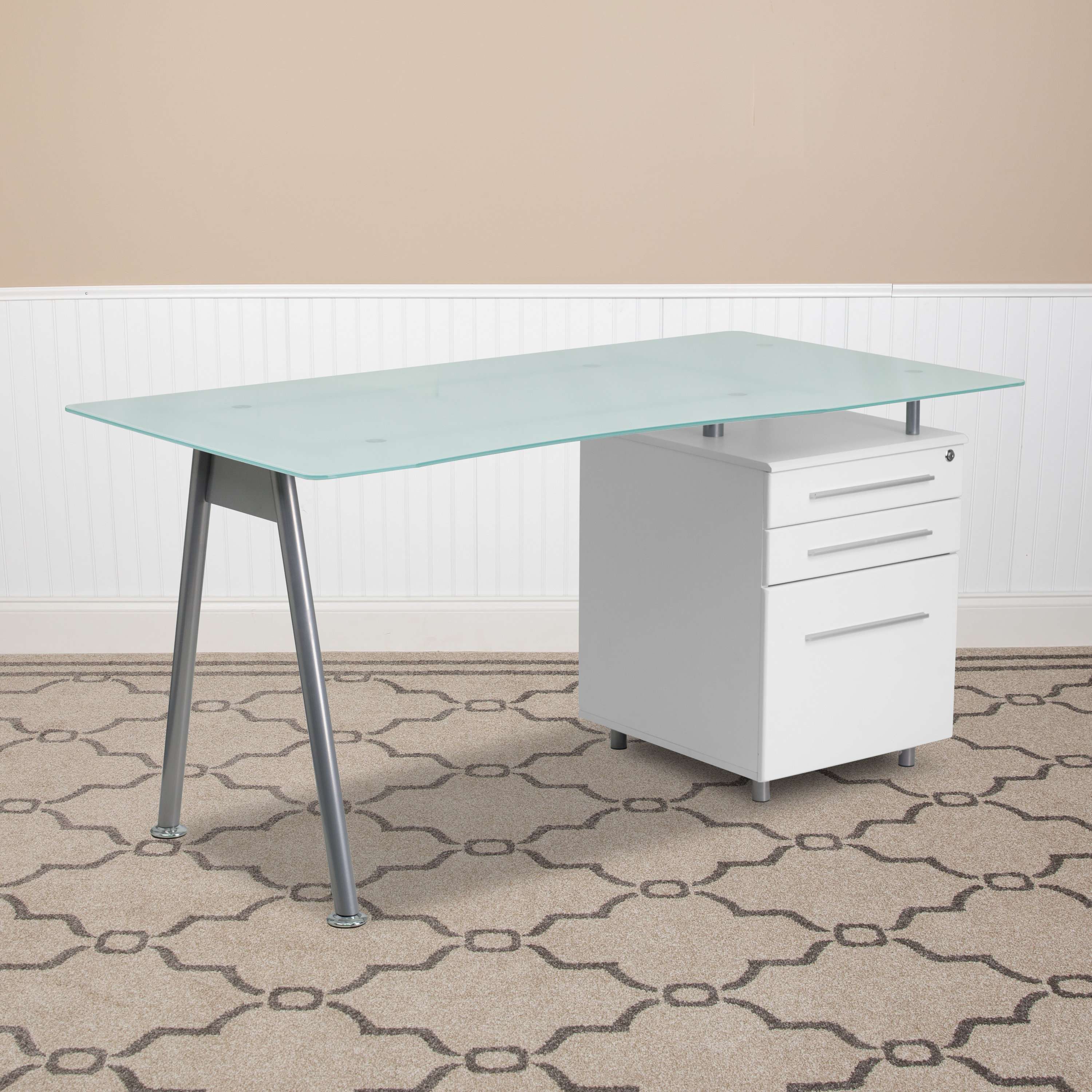 Orren Ellis Vezia Glass Computer Desk with Three Drawer Pedestal