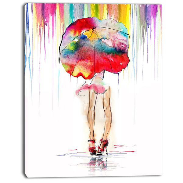 East Urban Home Girl With Red Umbrella Oil Painting Print On
