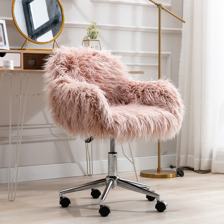 Everly Quinn Fluffy Desk Chair Cute Faux Fur Height Adjustable Swivel Vanity Accent Chair Modern Accent Desk Chair With Arm Base For Office Living Room Bedroom And Dressing Room Pink Wayfair Ca
