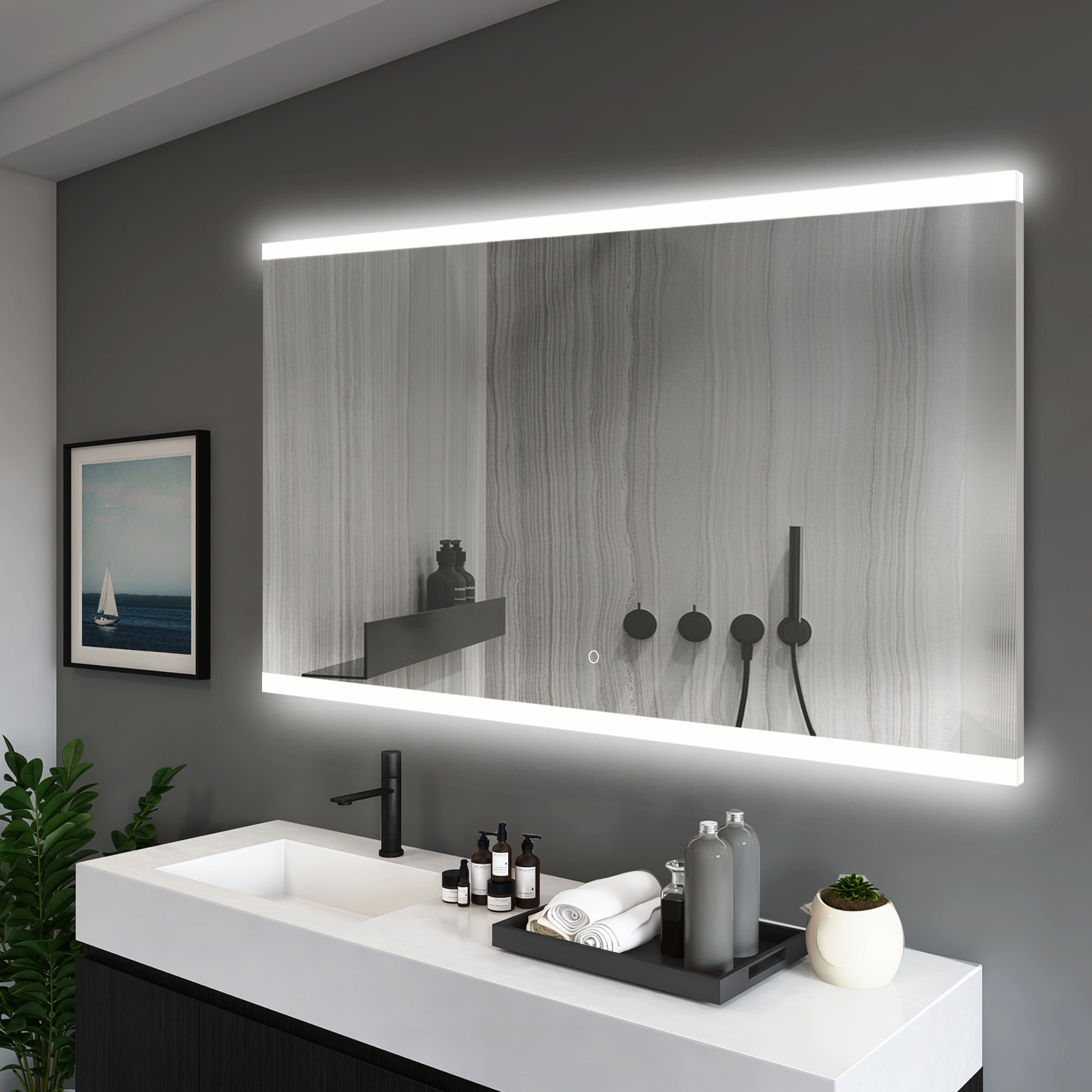 S·bagno 60x35inch Bathroom Illuminated Led Mirror With Demister Pad Light Sensor Touch Control 