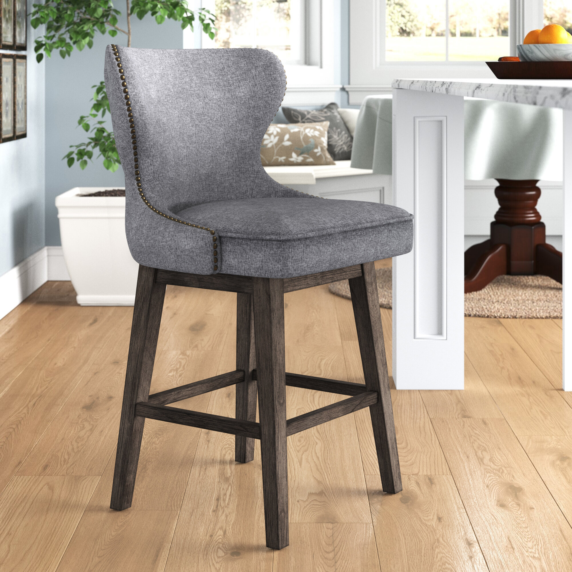 grey upholstered swivel bar stools