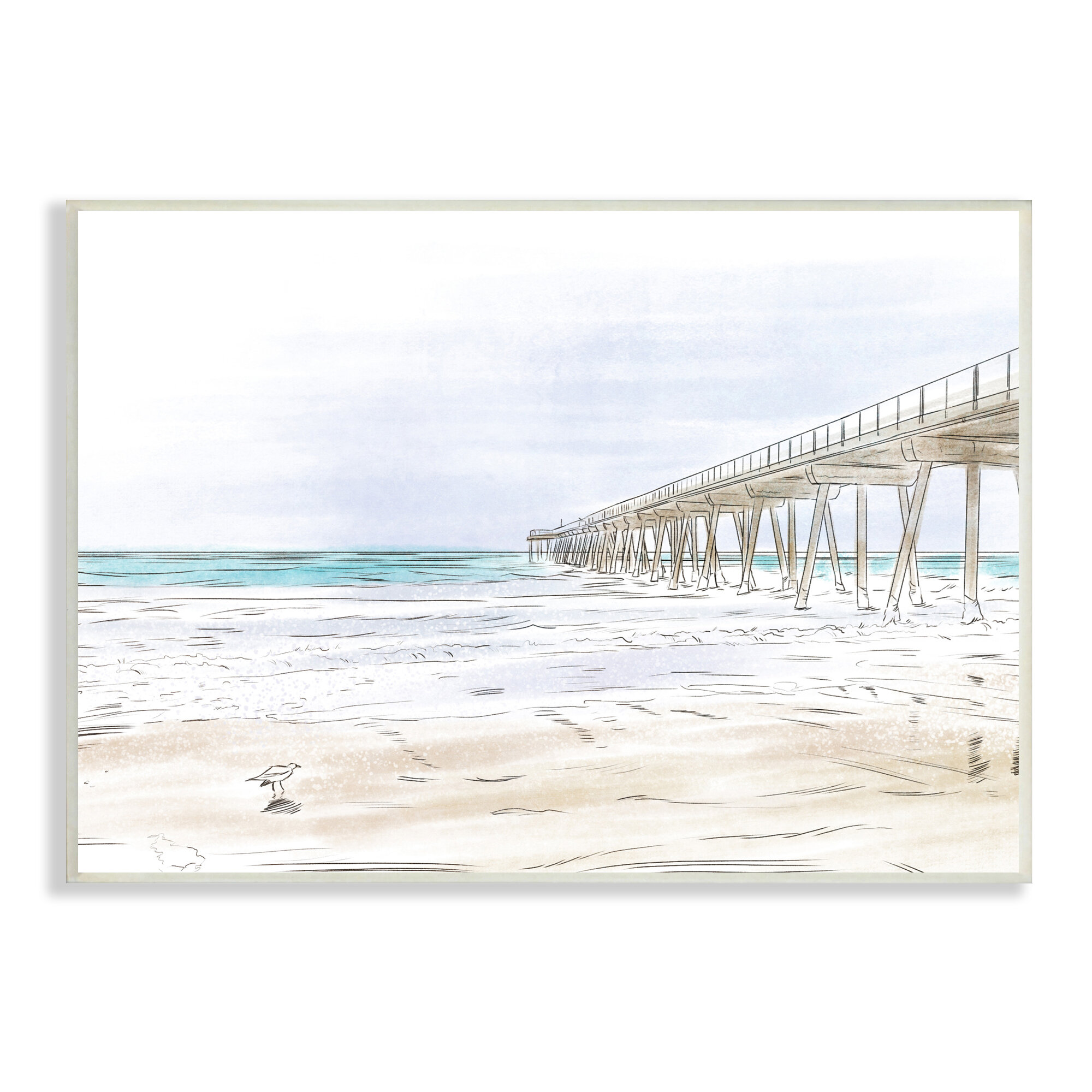 Tall Wharf Over Beach Coast Detailed Linework Landscape by Bill Carson -  Graphic Art on Canvas