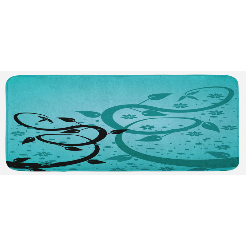 East Urban Home Abstract Floral Arrangement Nature Winding Tendrils Design Flora Drawing Style Turquoise Black Kitchen Mat