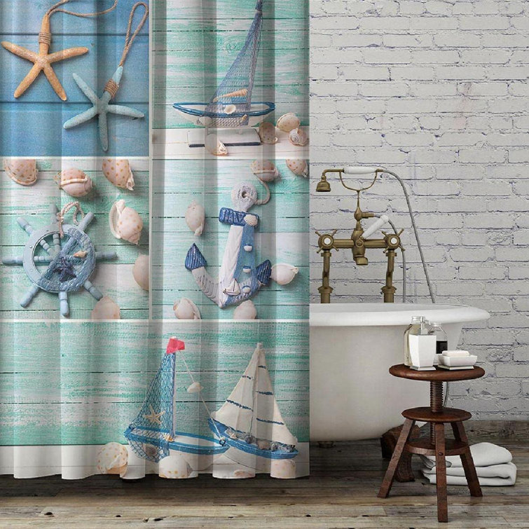 Watercolor Ship Anchor Sea Ocean Bubbles Waterproof Fabric Shower Curtain Set 