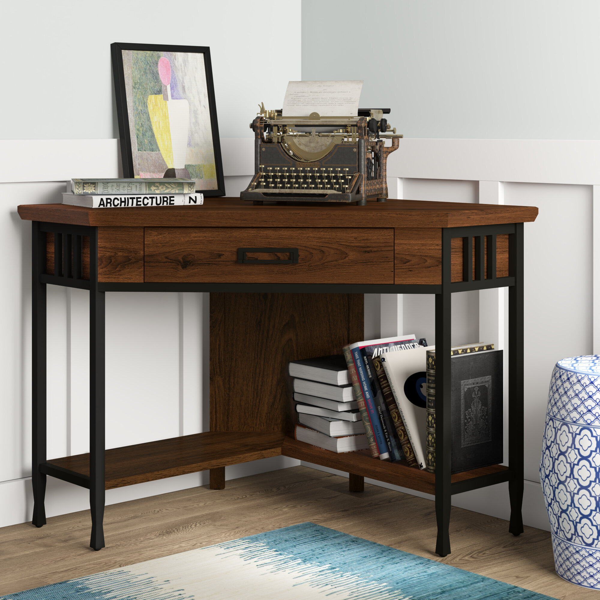 Multiple Finishes Corner Writing Desk with Pullout Drawer and Shelf 