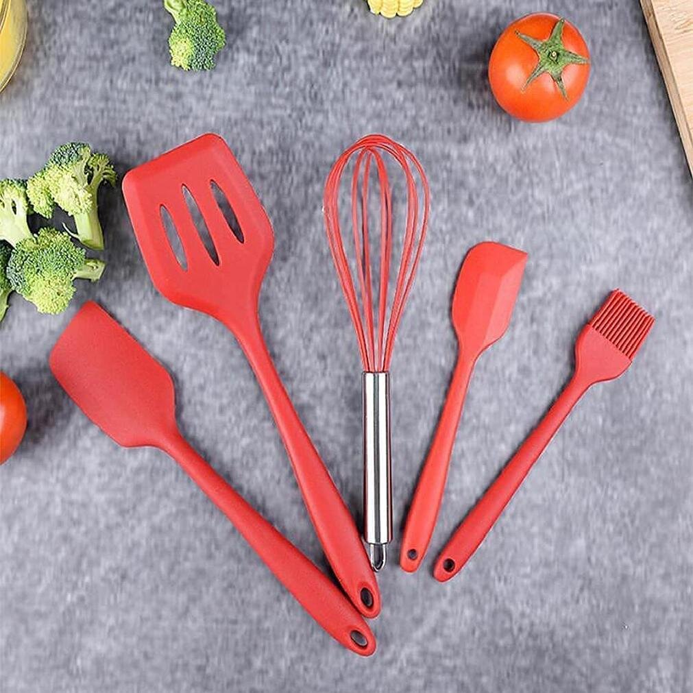 Silicone Spatula Set Kitchenware Utensils 5 Pieces Non-Stick Rubber Spatula Set Heat-Resistant Stainless Steel Core Spatulas Pastry Brushes and Egg Beater for Kitchen Cooking Mixing Baking