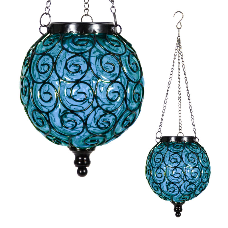 Exhart Round Solar Glass Hanging Decorative Lantern ...