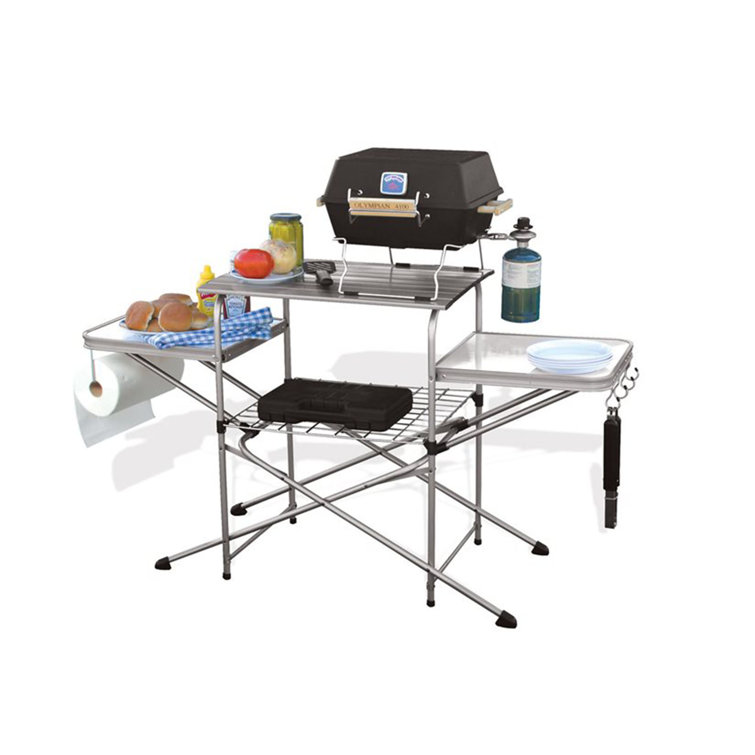 Camco Deluxe Folding Outdoor Steel Grill Table With Side Tables, Hooks