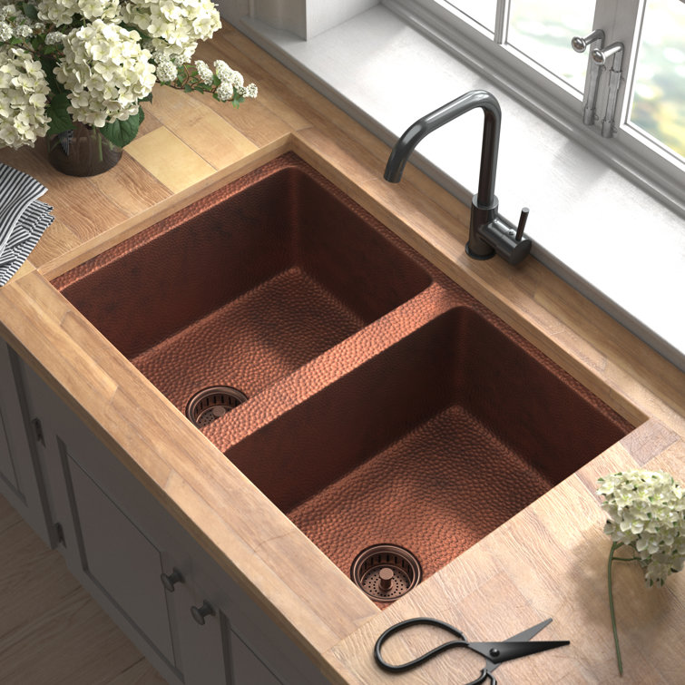 Birch Lane Evgeniya Copper 33 L X 22 W Double Basin Undermount Kitchen Sink With Drain Assembly Reviews Wayfair