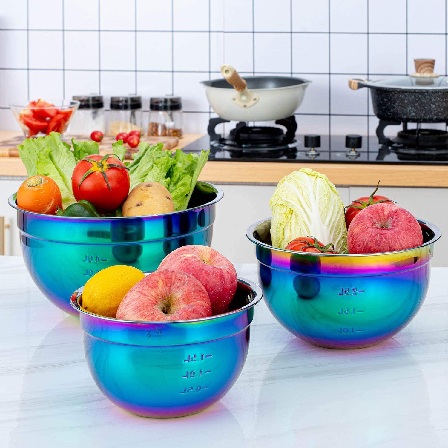 Wisdomfurnitureco Salad Bowls For Kitchen 3 Piece Rainbow 18 8 Stainless Steel Nesting Salad Bowl Set With Measurement For Cooking Baking Chef Prep Fruit 1 5 2 5 4 Liter Wayfair