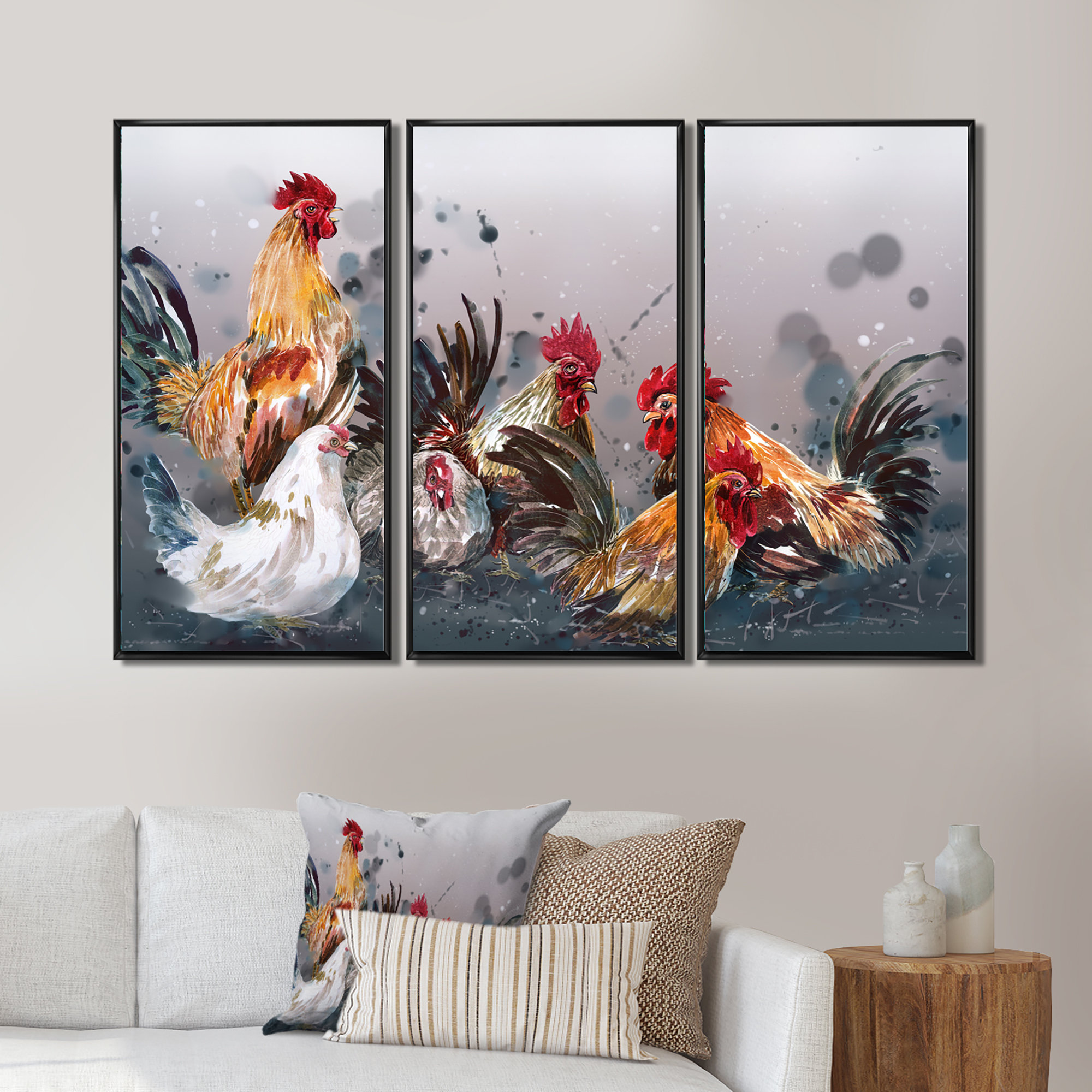 August Grove® Group Of Rooster In Gray Farm Background Animal Framed