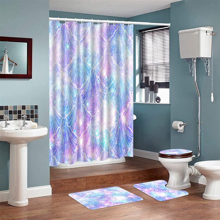 Beach Shower Curtain Bathroom Rug Set Bath Mat Non-Slip Toilet Lid Cover 