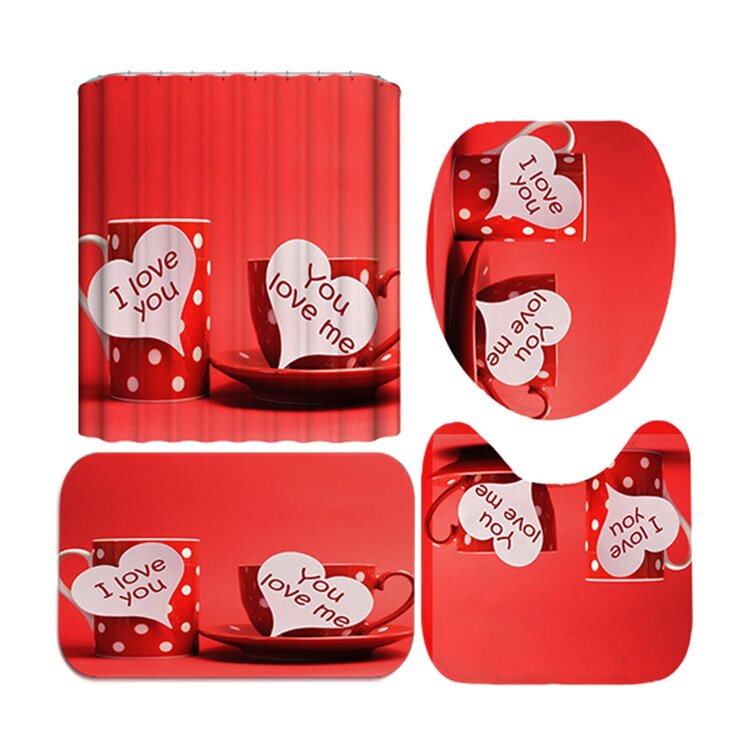 Love Heart Red Rose Shower Curtain Bath Mat Toilet Cover Rug Bathroom Decor Gift 