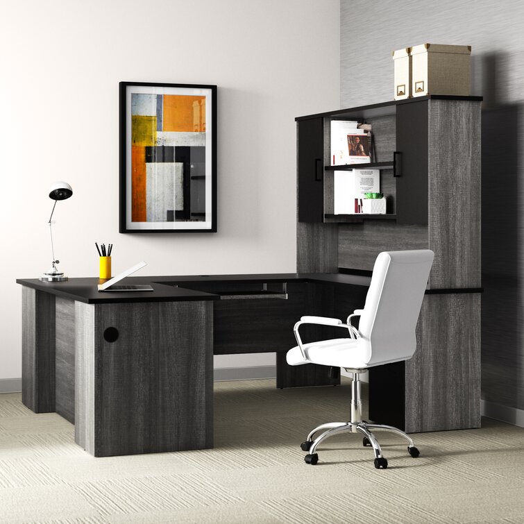 grey u shaped desk with hutch