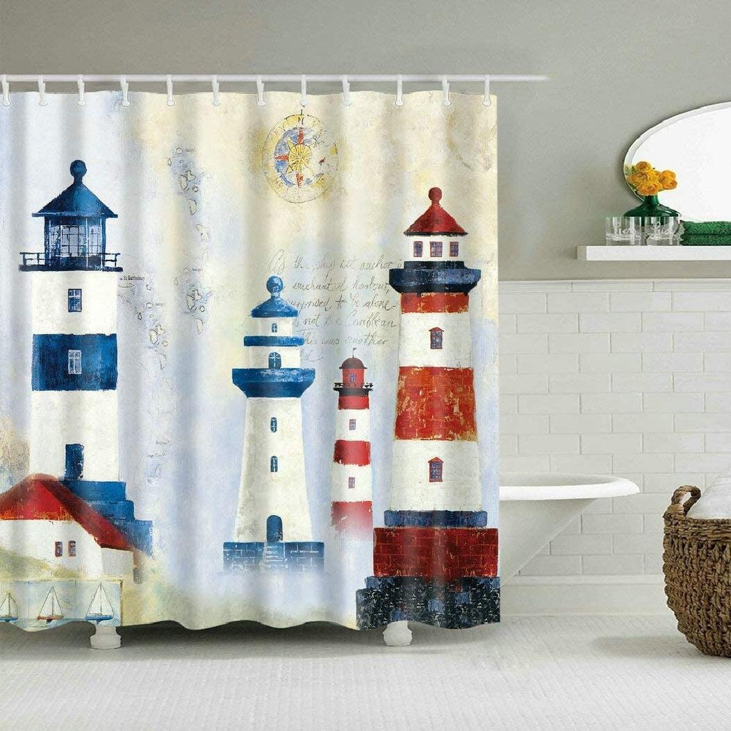Ocean Island Lighthouse Decor Bathroom Shower Curtain Rugs Set Polyester&12 Hook 