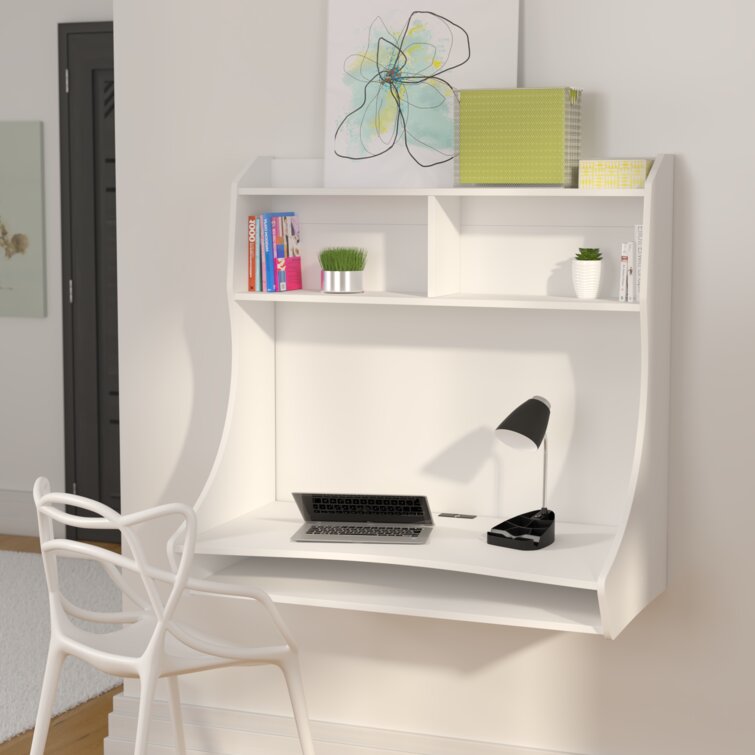 Home Office Computer Desk Table Floating Wall Mount Desk W/Storage Shelves White 