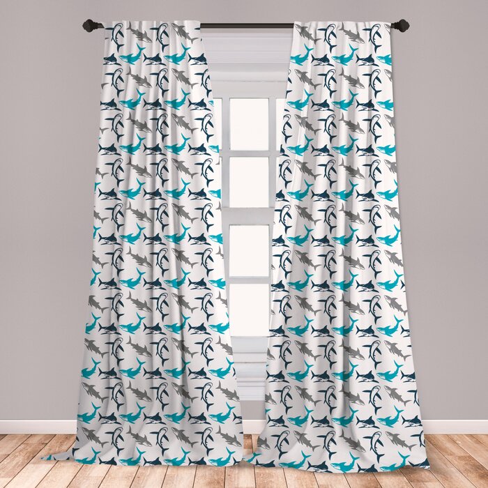 Ambesonne Shark Curtains Retro Style Different Abstract Silhouettes Of Dangerous High Seas Window Treatments 2 Panel Set For Living Room Bedroom