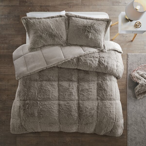 New Grey Blush Chinchilla faux fur Quilted 4 pcs King Queen Brush Comforter Set 