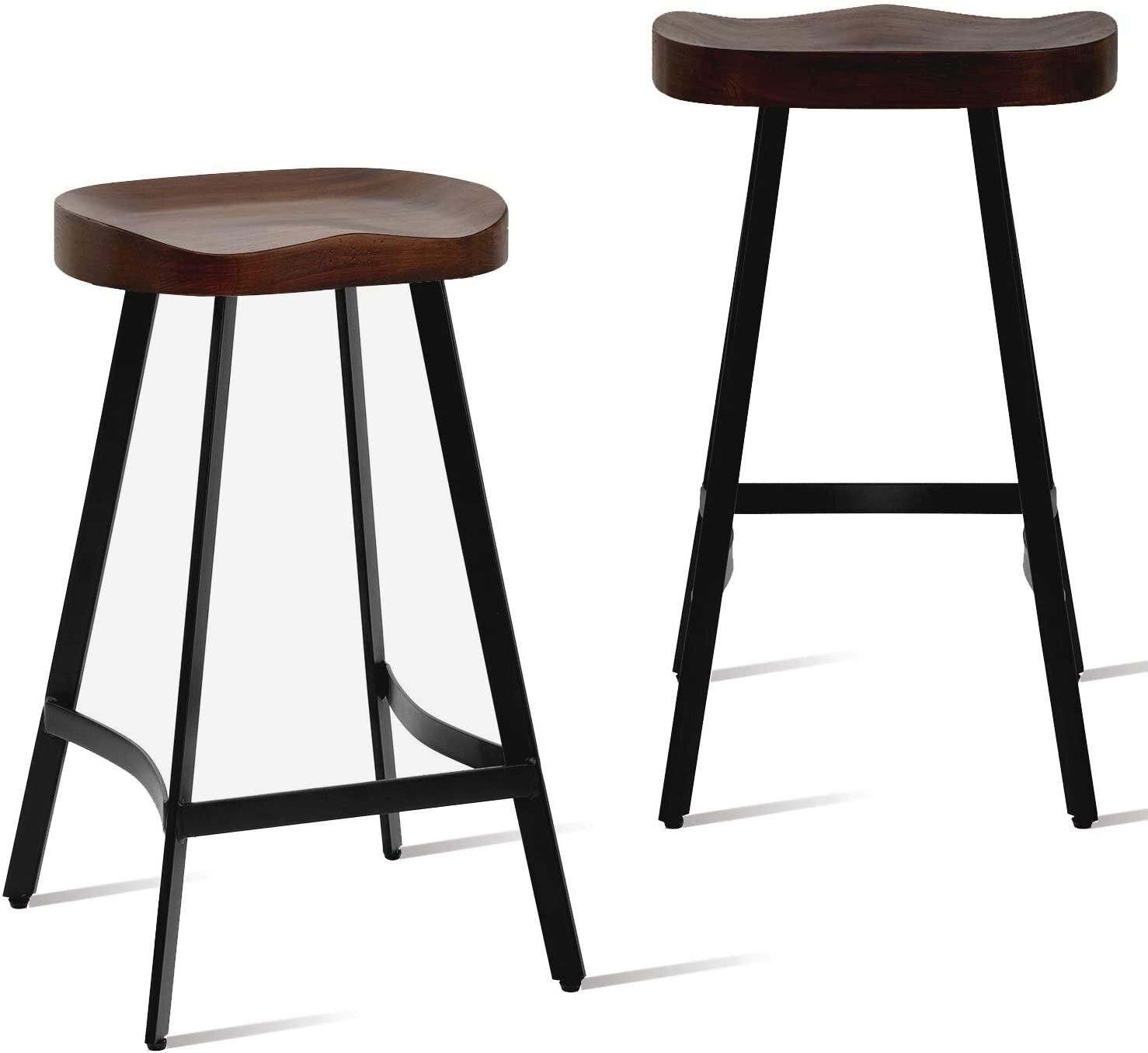 Latitude Run Set Of 2 Industrial Rustic Bar Stool Saddle Seat Counter Height Farmhouse Stool Metal And Wood Top Dining Stools Backless Stackable Wayfair