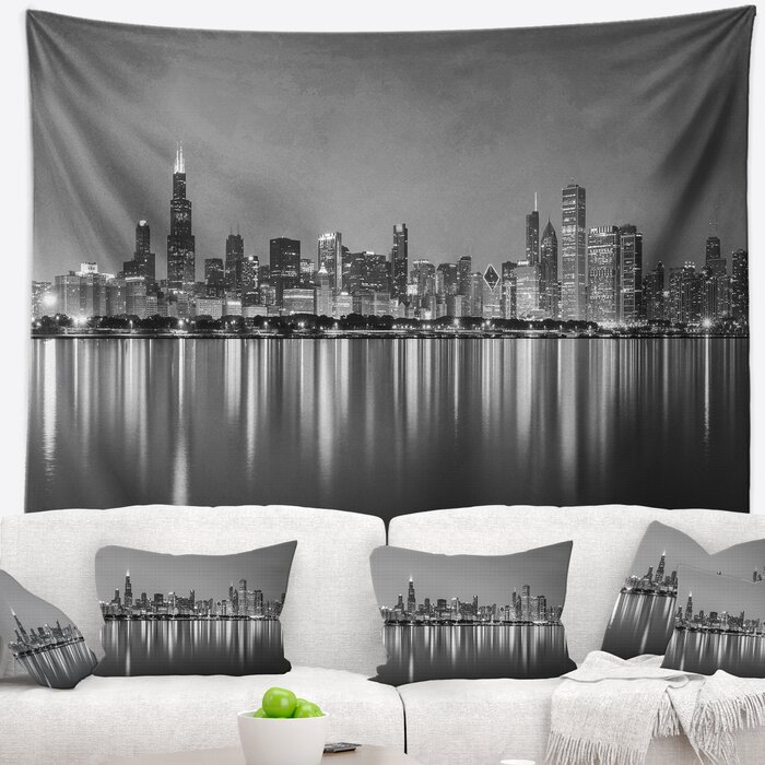 Cityscape Chicago Skyline At Night Black And White Tapestry
