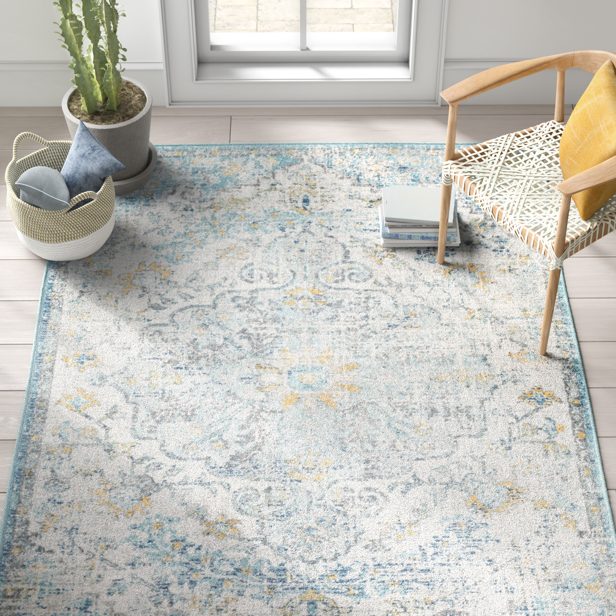 Mistana™ Hillsby Oriental Area Rug in Ivory Cream/Teal/Yellow & Reviews