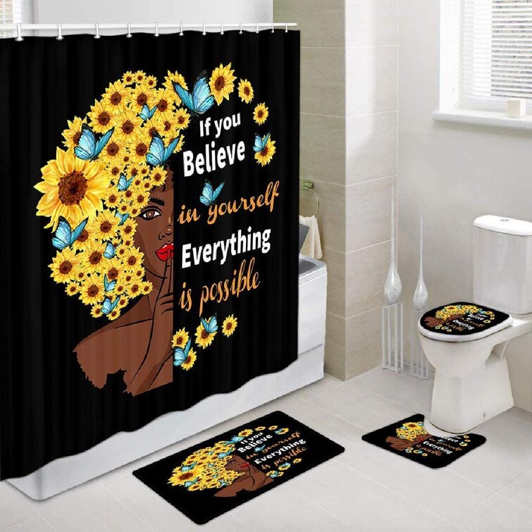 Sunflower Butterfly Print Waterproof Bathroom Shower Curtain Toilet Cover  L