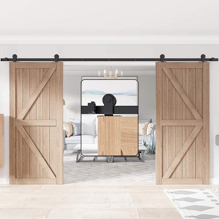 Hahaemall Sliding Barn Door Hardware Kit Heavy Duty Double Door Track Rail Rollers System Set Antique Top Mount Double Sliding Barn Wood Door Hardware Reviews Wayfair