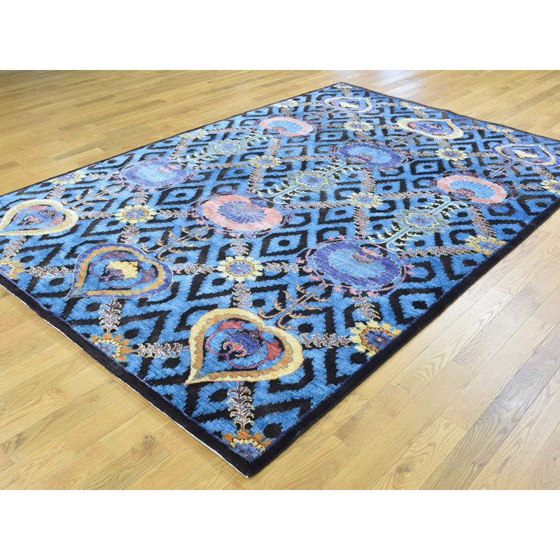 Isabelline One Of A Kind Bourn Arts Crafts Design Handwoven Blue Wool Silk Area Rug Wayfair