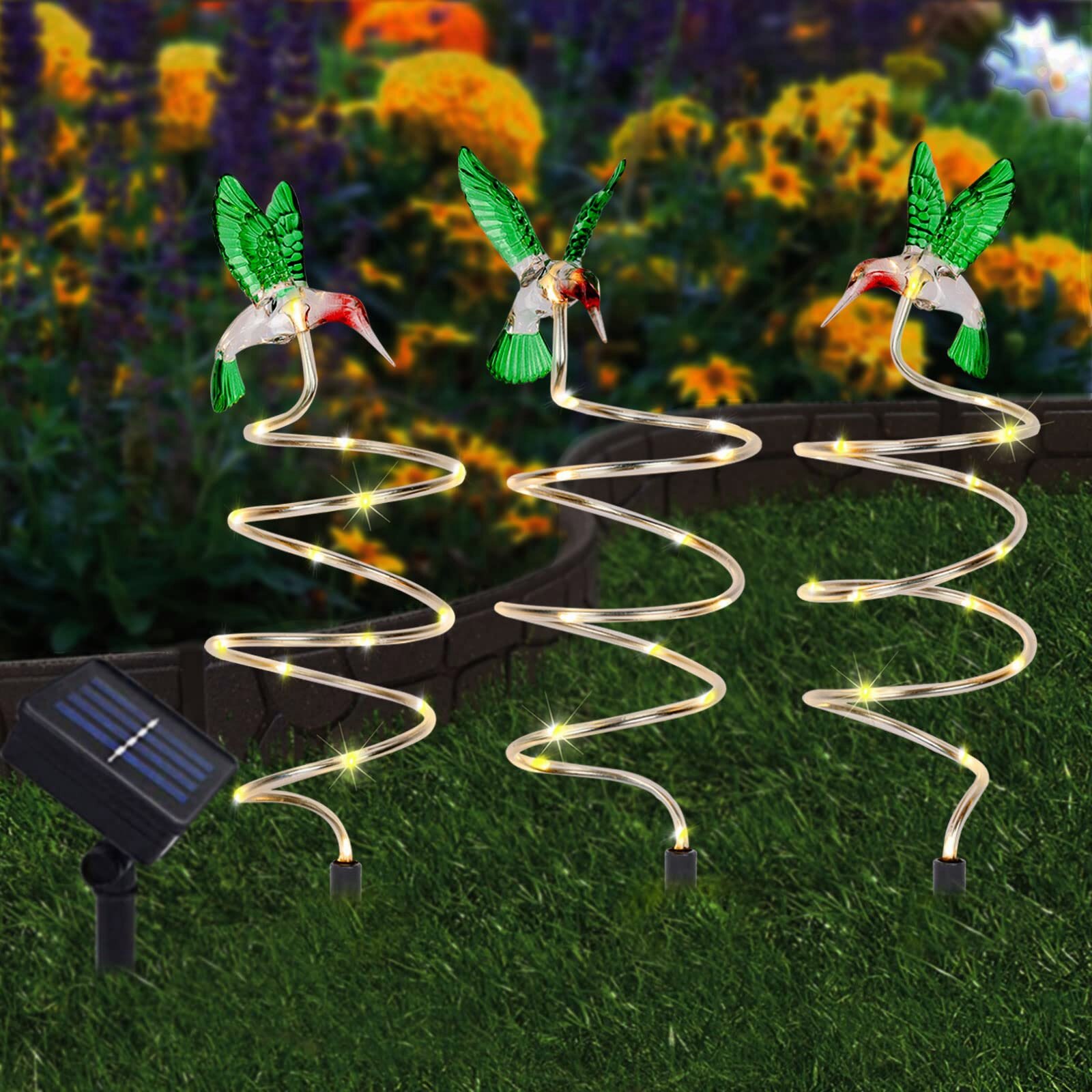Set of 3 Solar Powered Lighted Hummingbirds w/ Flowers Garden Statues
