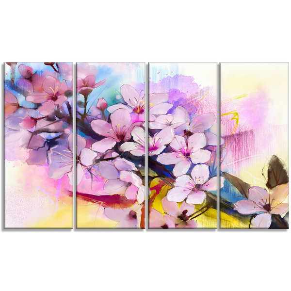 Designart Japanese Cherry Blossoms Watercolor 4 Piece Painting