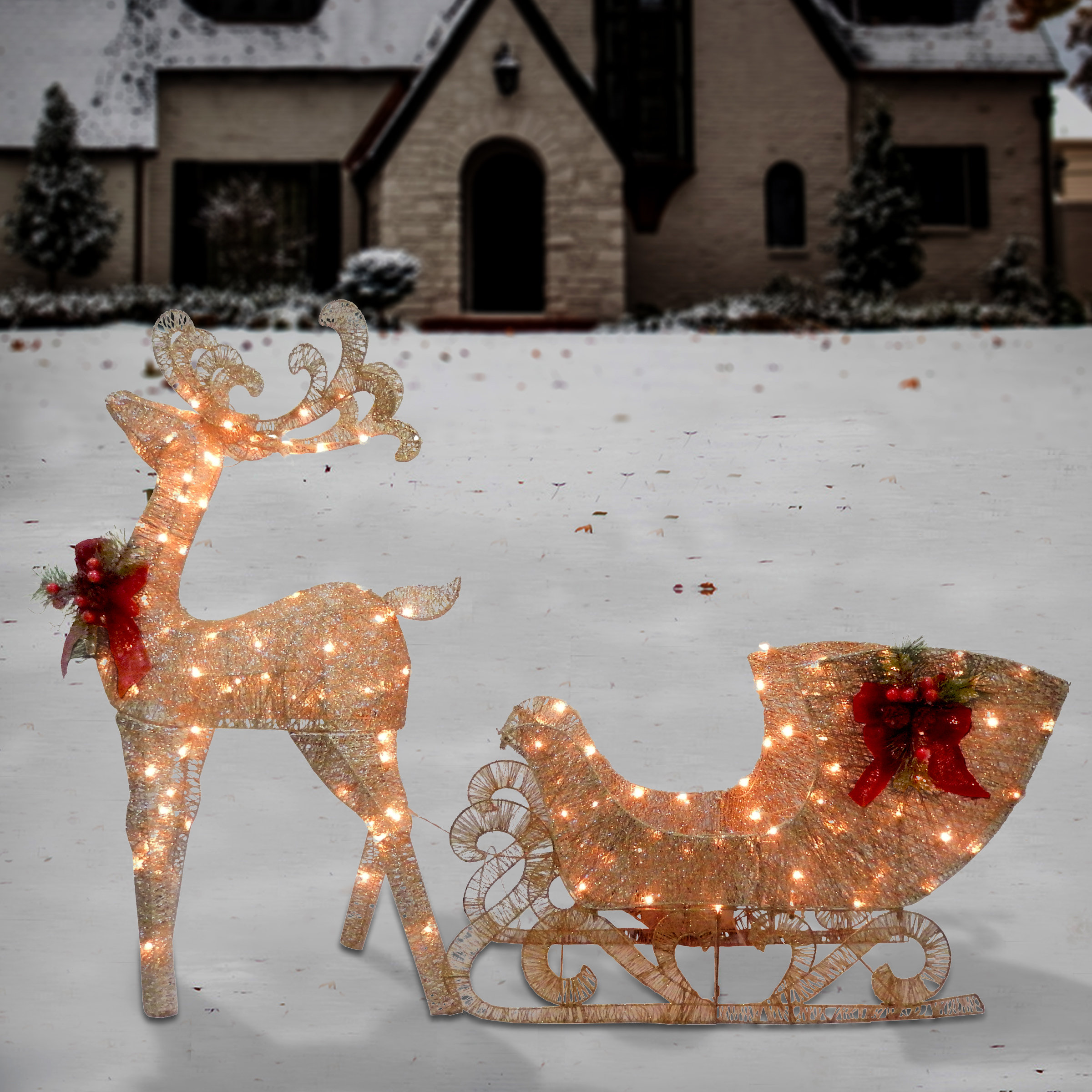 lighted sleigh with reindeer