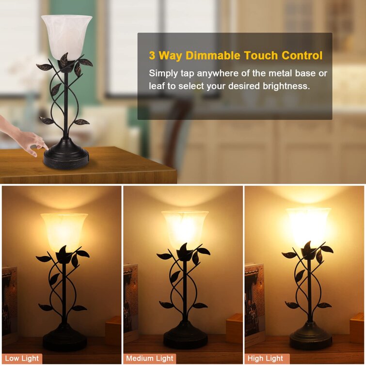 3-Way Dimmable Bedside Nightstand Lamps Bronze Touch Control Table Lamp with 2 USB Charging Ports Amber Glass Shade Vintage Rural Leaf Lamp for Living Room LED Bulb Included Bedroom Dresser 