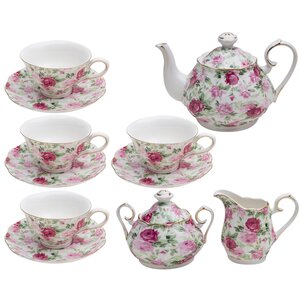 11 Piece Porcelain Rose Chintz Pink Summer Tea Set