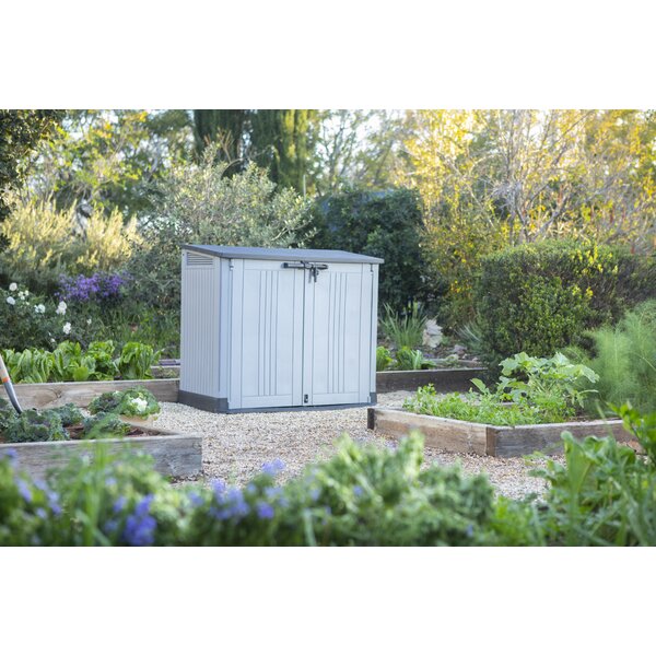 Vanilla and Stoney Outdoor Storage Shed for Backyards and Patios Away Horizontal Storage Shed Tools and Garden Accessories 70 Cubic Feet Capacity for Garbage Cans Suncast Stow 