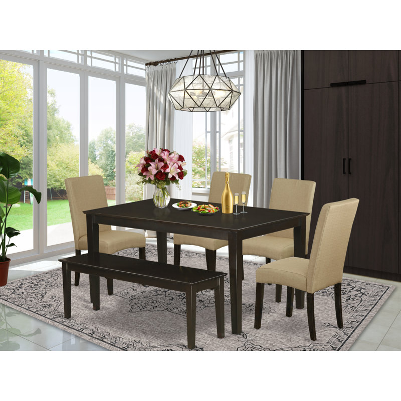 Alcott Hill 273b87ab73724835ab9a6ec86bcba3b4 6pc Rectangular 60 Inch Table And Four Parson Chair With Cappuccino Finish Leg And Linen Fabric Brown Colour Plus 1 Bench Wayfair Ca