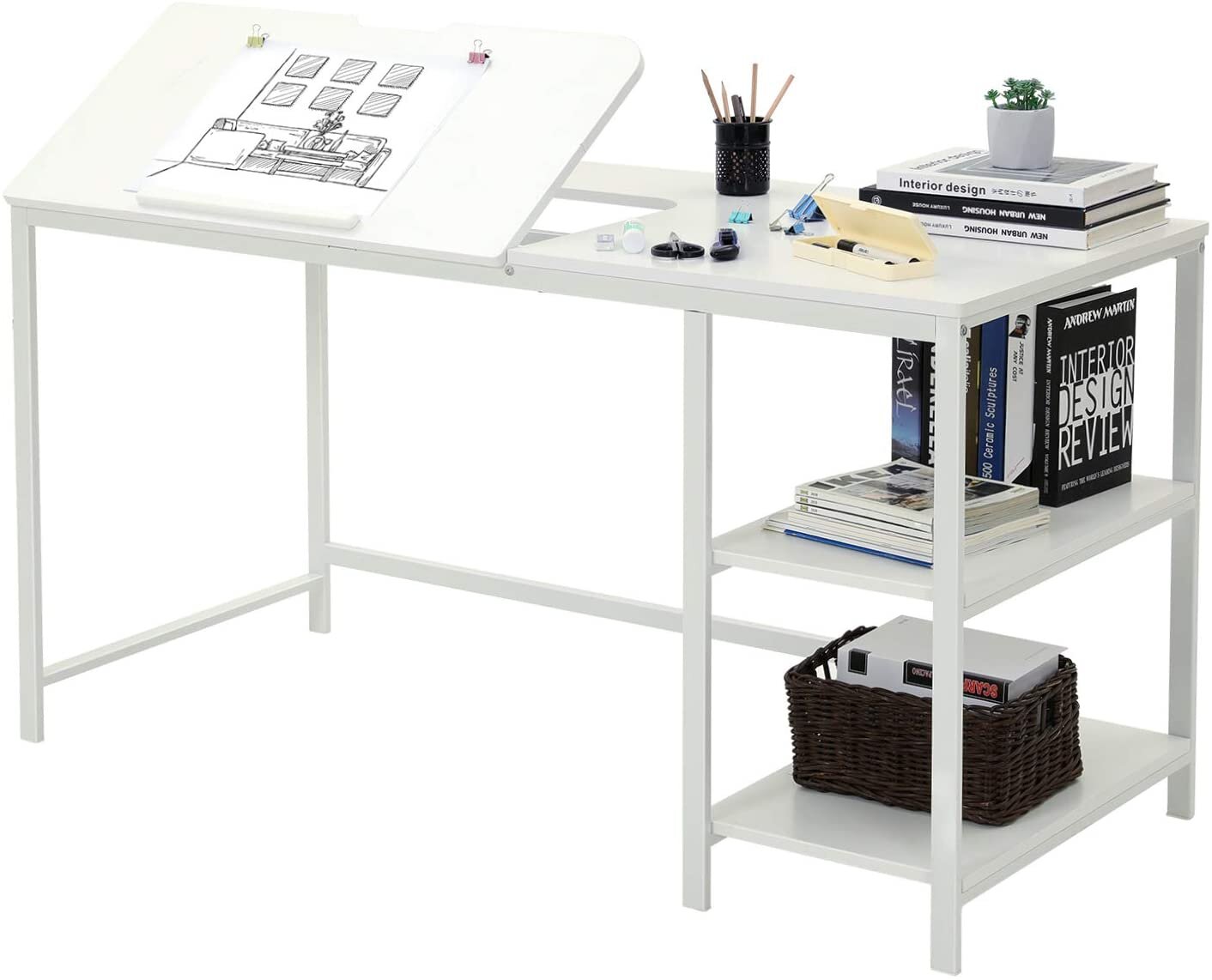 Modern Writing Desk with Adjustable Tabletop and Storage Shelves Drawing Table 