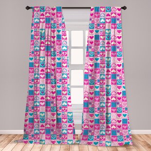 Ambesonne Love 2 Panel Curtain Set Doodle Sketchy Hearts In Squares Childish Romance Girls Kids Design Lightweight Window Treatment Living Room