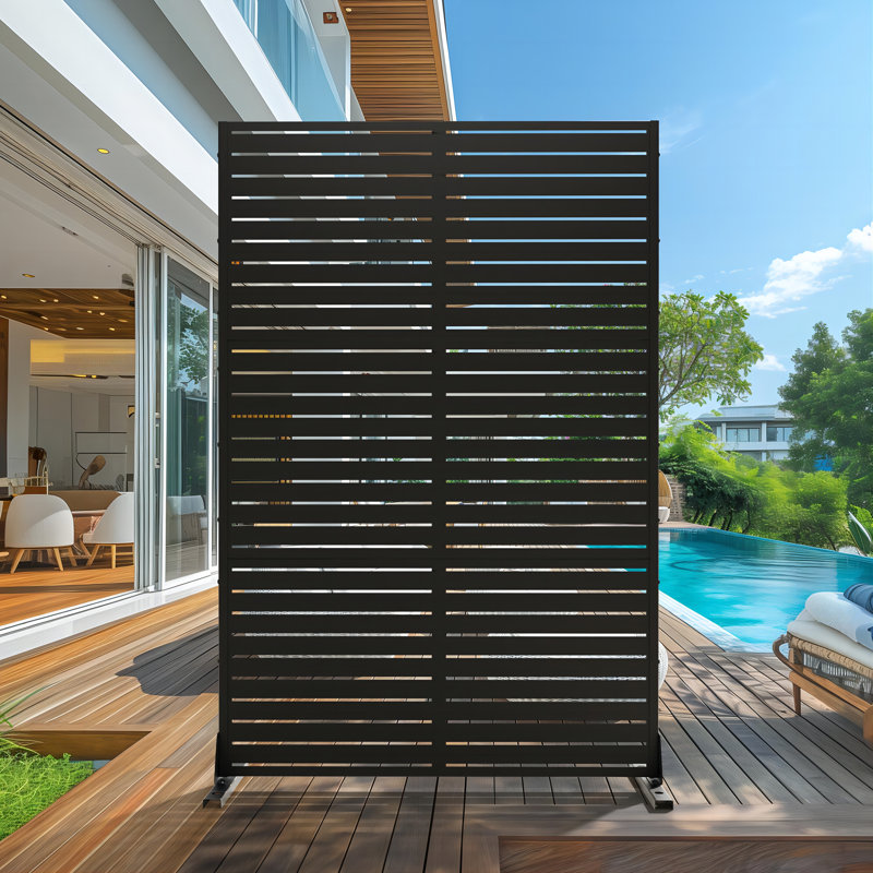 Privacy Metal Screen Fence Panel Horizontal Stripe Pattern Color: Black, Size: 72'' H X 47'' W