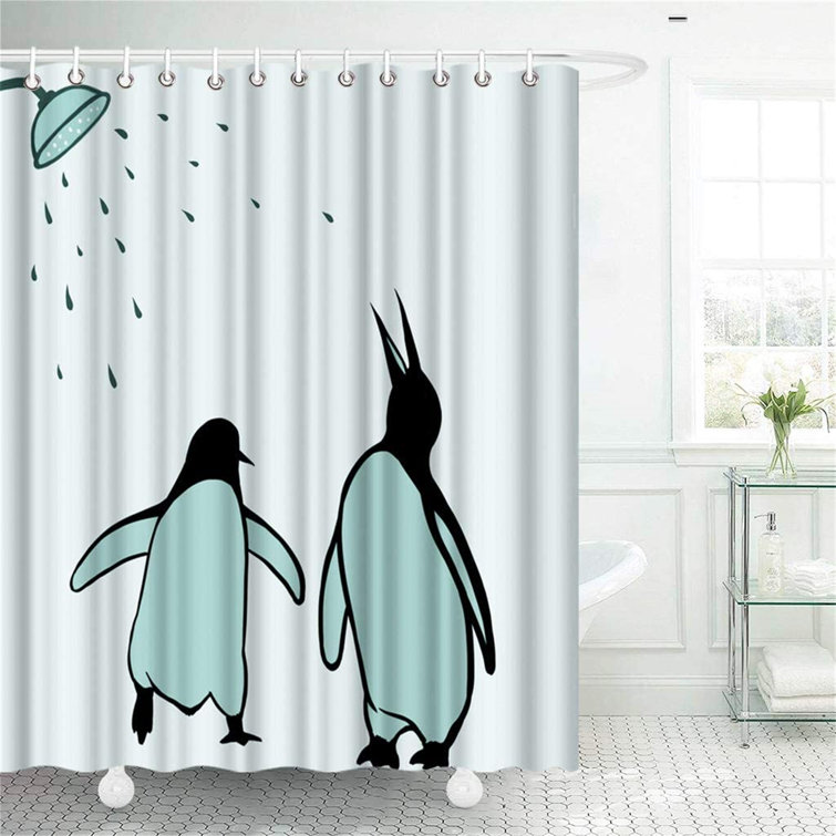 Penguins Shower Curtain Set Waterproof Fabric Polyester Liner Curtains 12 Hooks 