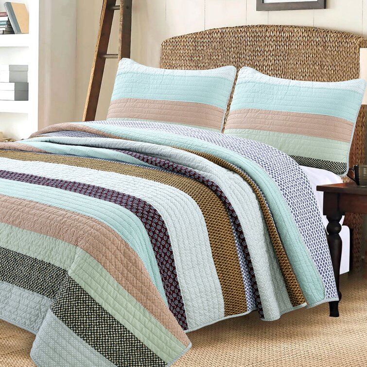 Multi-colors Striped Quilt Coverlet King Queen 3 pcs Sham Reversible 100% Cotton 