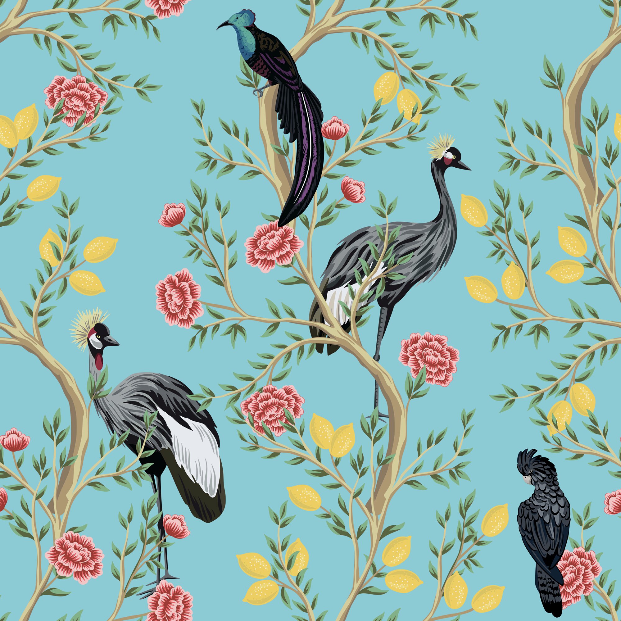 Wallpaper Roll Birds Spring Floral Chinoiserie Purple Psychedelic 24in x 27ft