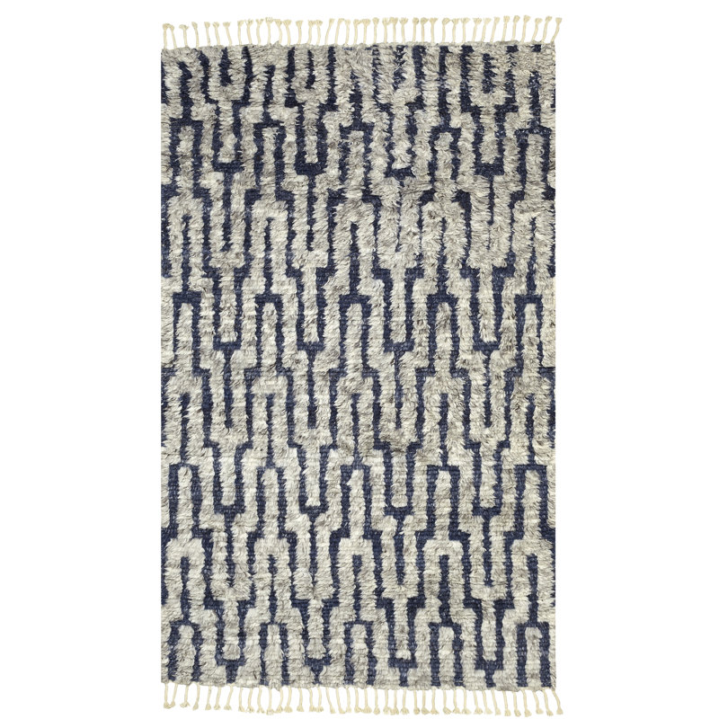 Union Rustic Cale Boho Chic Hand Knotted Wool Navy Beige Area Rug Hand Knotted Wool Navy Beige Area Rug