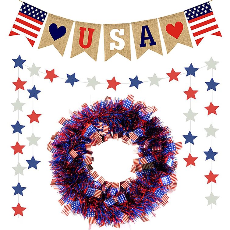 Red Blue White Stars Bunting Garland for Front Door Outdoor Independence Day Labor Day Party Wall Decor 4th of July Decorations Patriotic-Wreaths American-Flag-Banner Independence 