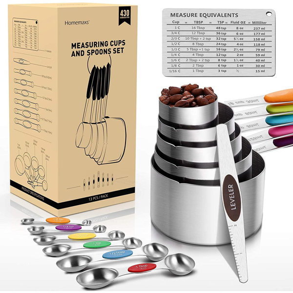 Spicymedia Measuring Spoons And Cups Set 13 Piece Stainless Steel 5 Double Mouth Measuring Cups And 6 Double Head Spoons With Magnetic 1 Measure Equivalents And 1 Leveler Measure Equivalents For Kitchen Cooking Wayfair