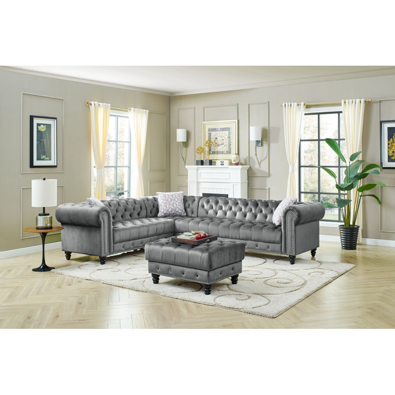 House Of Hampton Troy 115 Velvet Right Hand Facing Corner Sectional With Ottoman Wayfair