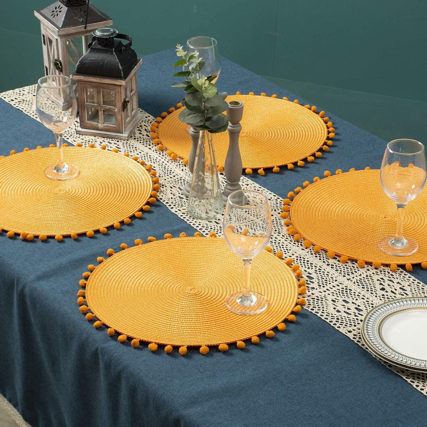 4 Pack of Round Jacquard Weaved Non Slip Placemats Dining Table Place Mats Set