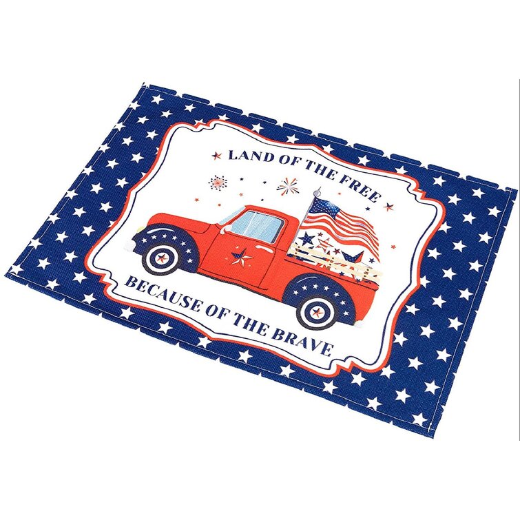 Set of 4 Washable Holiday Banquet Dining Kitchen Table Mats 12 x 18 Cotton Linen Woven Dining Table Mats Independence Day Lovely Flag Truck Placemats 